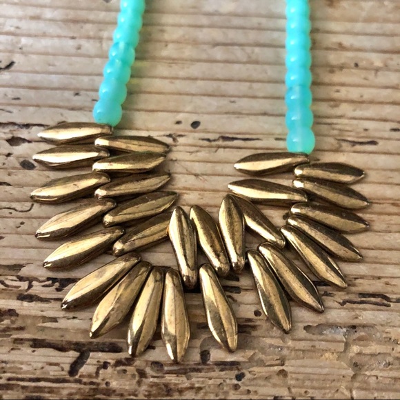 NEW Turquoise Gold Beaded Statement Necklace Flauxy Artist Made Layering Piece - Picture 3 of 12